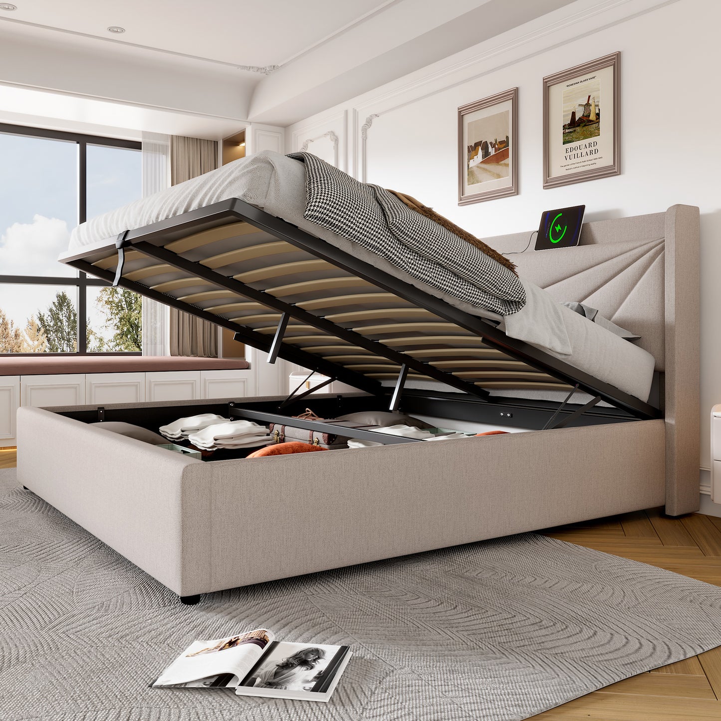 Upholstered Bed Double Bed Storage Bed Box With USB Type C Charging Function Headboard,Storage Beds Bed Frame Made Of Linen Material Youth Bed Bed 160x200 With Slatted Base  Without Mattress