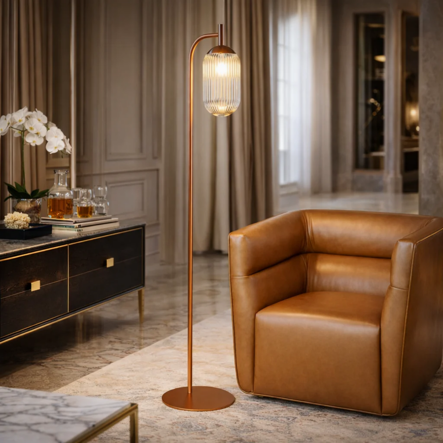 Classic Modern Floor Lamp, Upward Lighting Design For Living Room Ambience, Bedroom & Office Space Vela Floor Lamp Bronze And Clear 110-120V