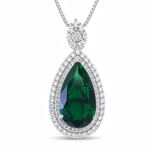 Luxury Pear Shape Emerald Drop Necklace, White Gold Plated Halo CZ Pendant For Formal Party & Anniversary Gifts