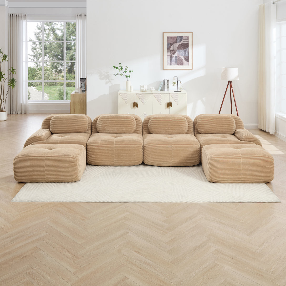 U-shaped Modular Sofa No Assembly Breathable Corduroy Fabric 32D High-resilience Sponge Extra-wide Curved Armrests Pet-friendly Ergonomic Design For Living Rooms Bedrooms,Camel