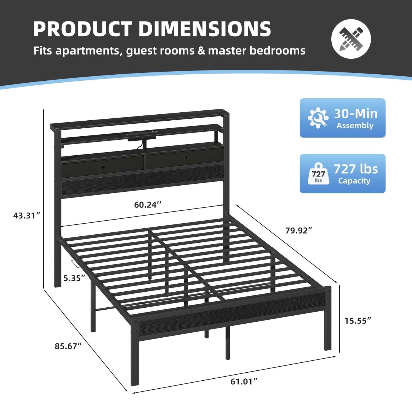 Full Bed Frame With Charging Station And LED Lights, Wood Headboard, 2 Fabric Drawers And Storage Shelves, Metal Slats, No Box Spring Needed
