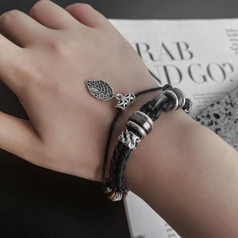 1pcs Double Layer Braided Leather Wooden Bead Leaf Charm Bracelet, Vintage Boho Ethnic Style, For Men Women Daily Outdoor Wear & Couple Holiday Gifts