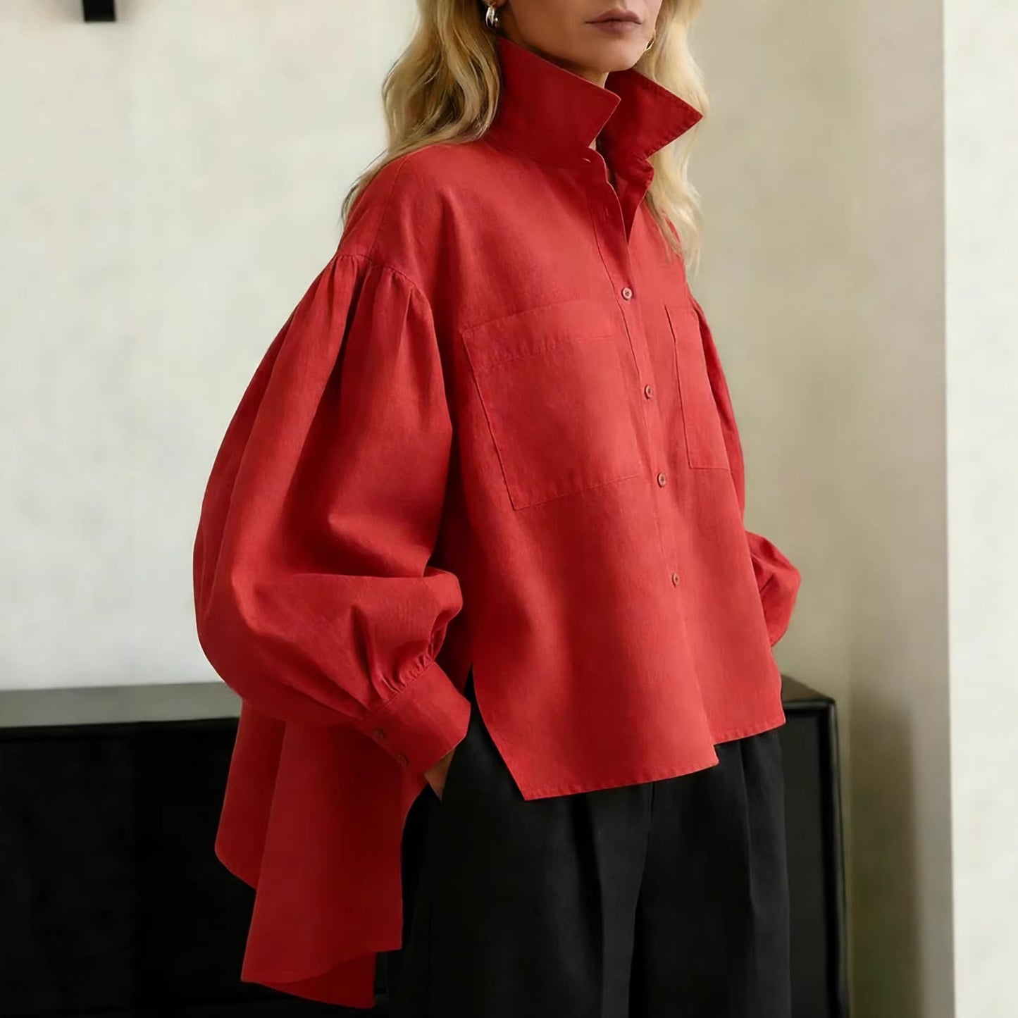 Button-down Long-sleeve Minimalist Office-style Womens Blouse