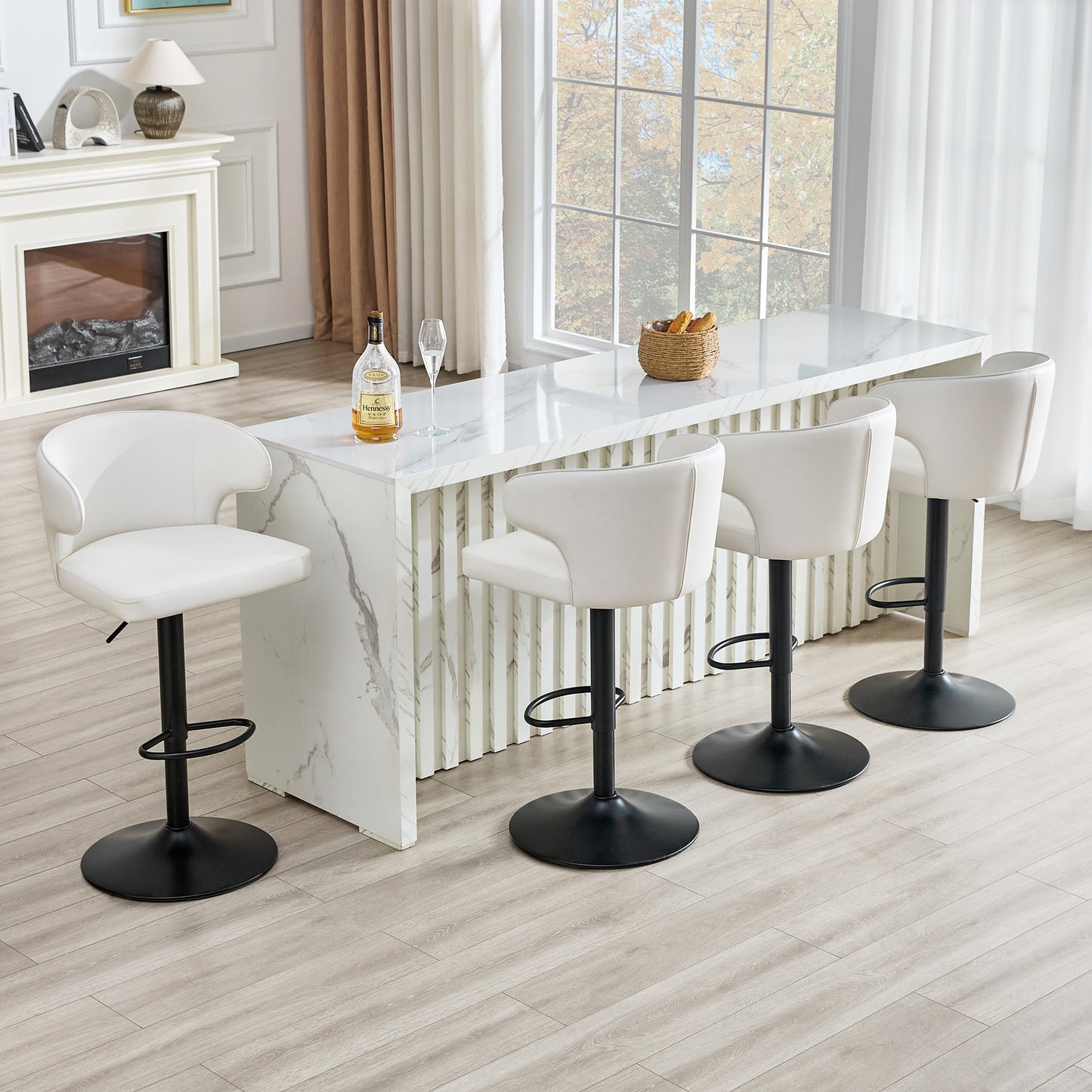 Modern Rotating Adjustable Bar Chair, PU Leather Belt Backrest Swivel Chair, Suitable For Kitchen Bar Counter And Dining Room, Adjustable Height, Capable Of Bearing 300 Pounds  White -4 Pieces