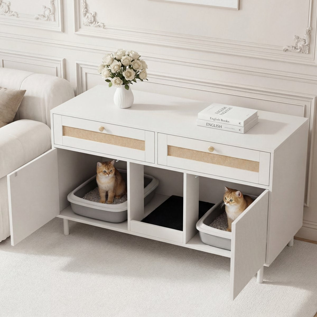 Cat Litter Cabinet With Cat Litter Mat, Cat Litter Cabinet, Pet Cabinet With Rattan Drawer, Pet Sideboard TV Cabinet, Without Cat Litter Box, White, 120x50x65 Cm