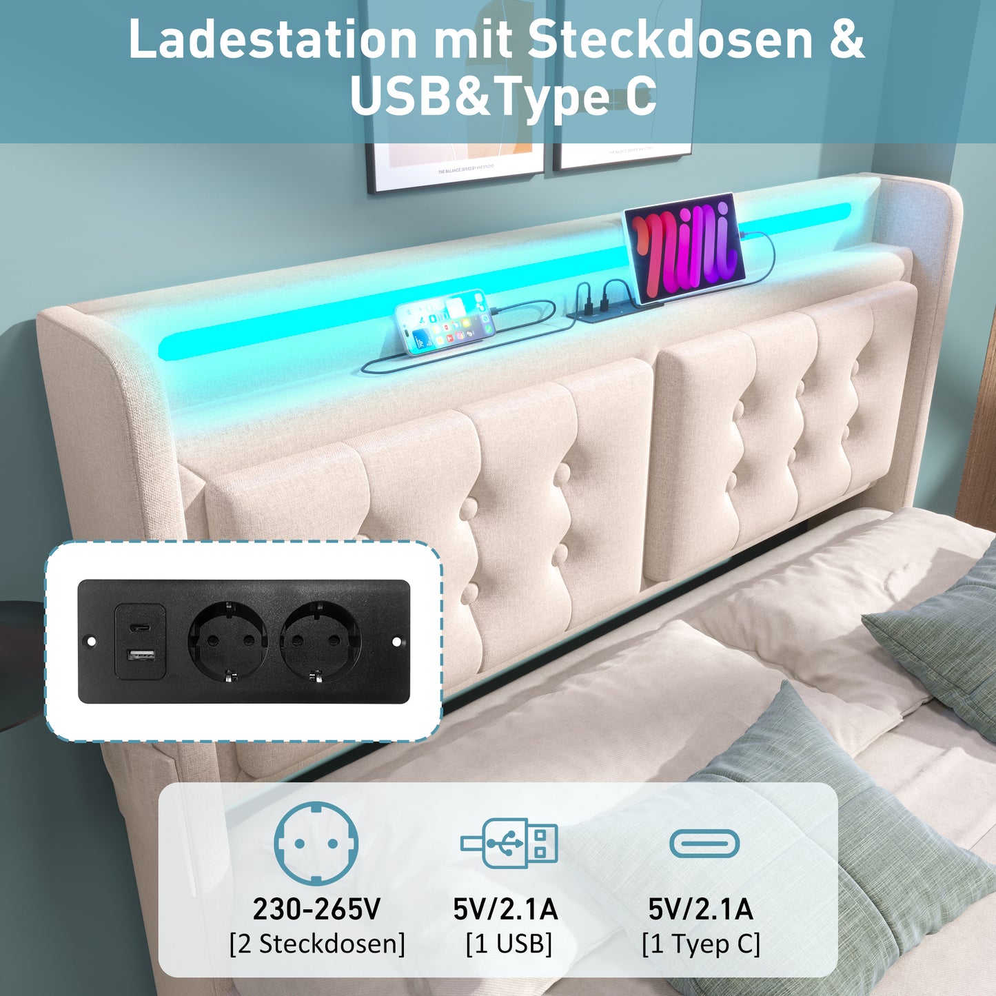 Upholstered Bed 140x200, Double Bed With LED Headboard And USB C Charging Function, Hydraulic Bed With Wooden Slatted Base And Metal Frame, Load Capacity 300 Kg,Beige,Cotton Without Mattress