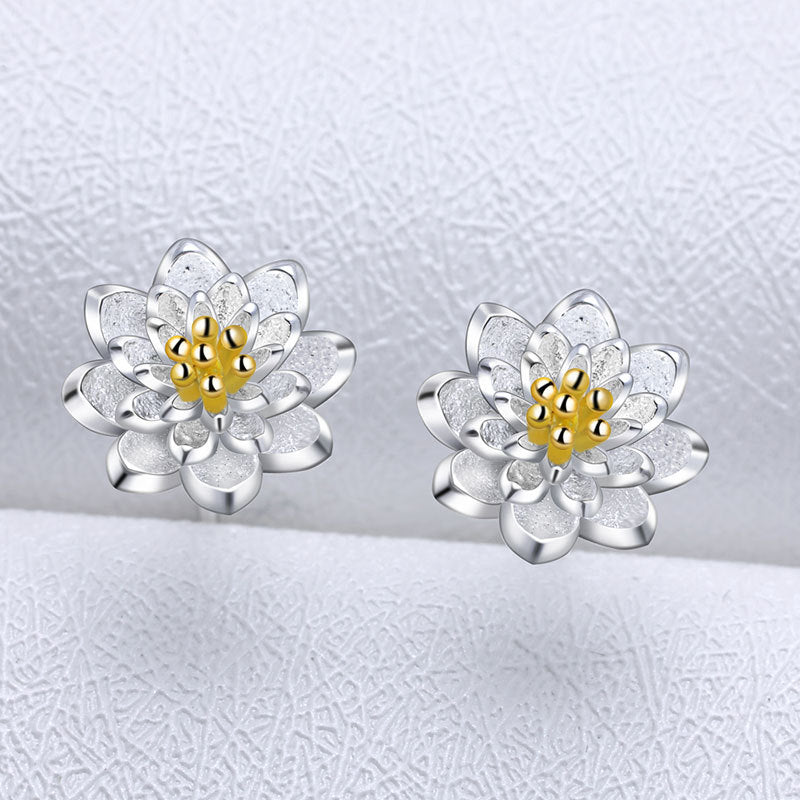 Silver Earrings Cat Lotus Flower Korean-style Fashionable Simple Silver Jewelry Ear Accessories