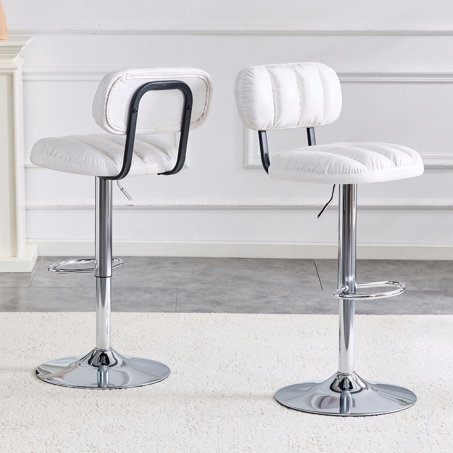 Set Of 2 Adjustable Height Bar Stools, White PU Leather Upholstered With Chrome Base & Footrest, Modern Comfort Stools For Kitchen Island, Home Bar, Living Room