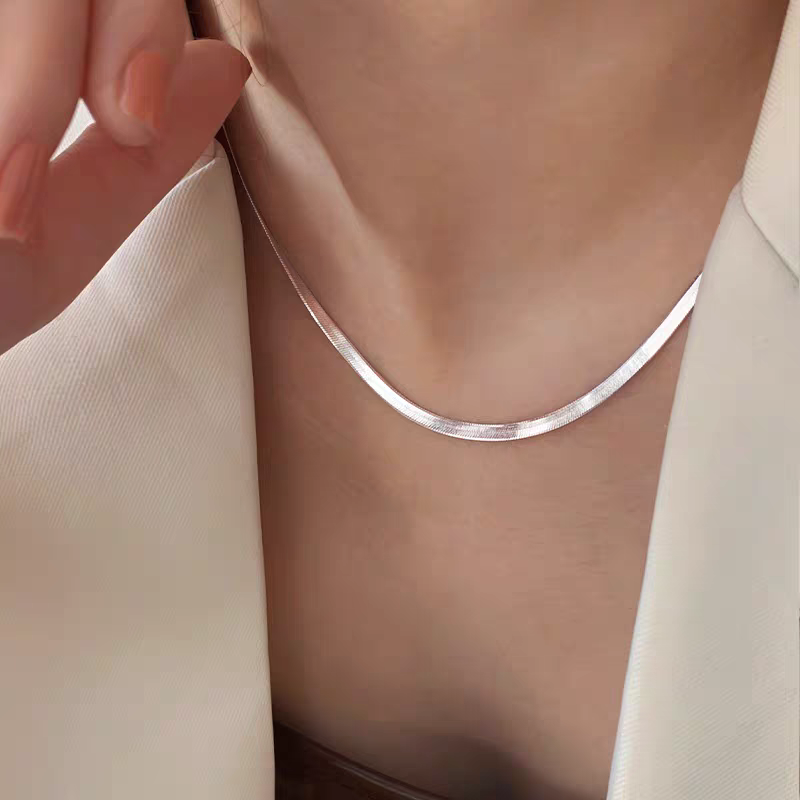1pc 999 Sterling Silver Flat Snake Bone Necklace, Minimalist Style, Perfect For Daily Wear And Valentine's Gift