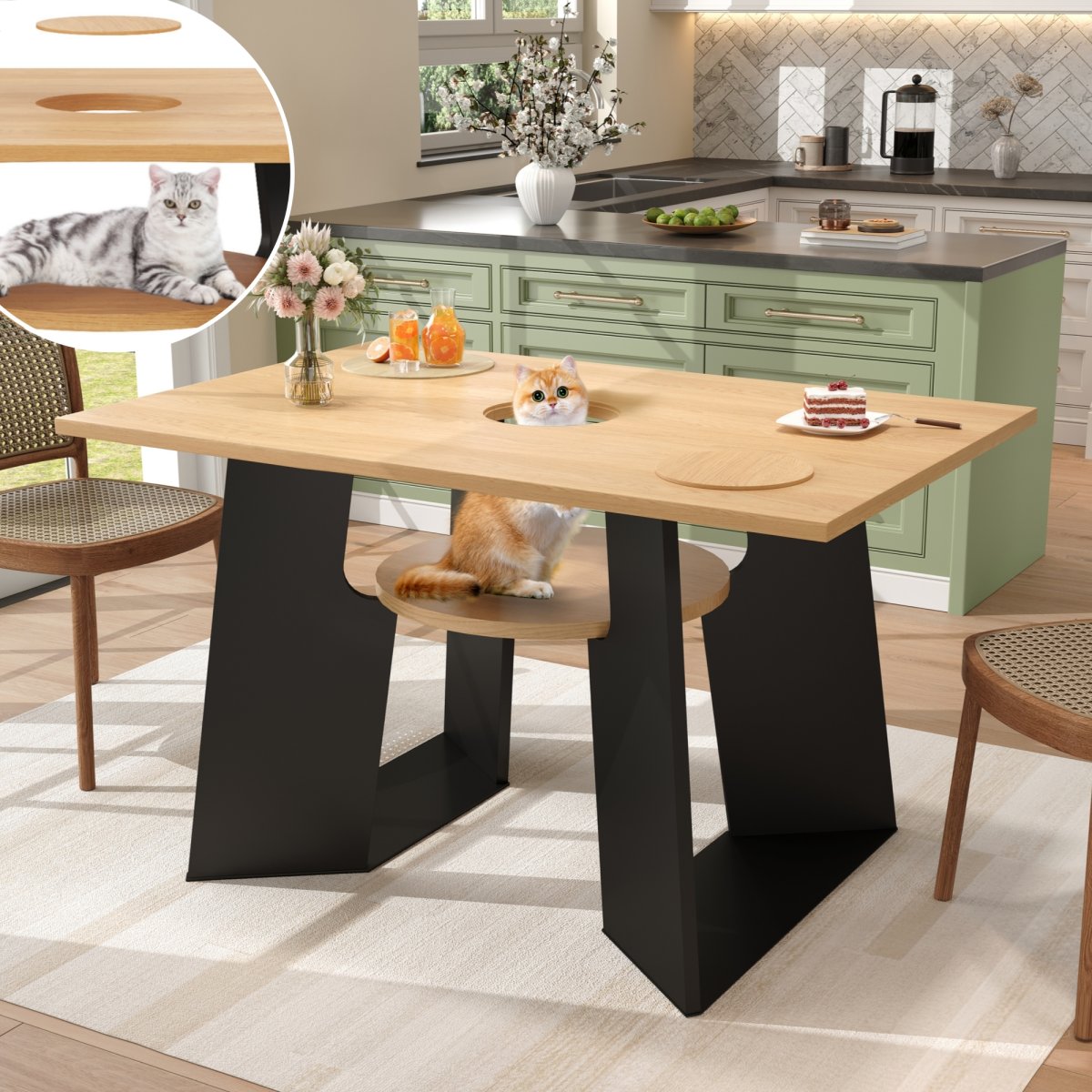 Pet-friendly Dining Room Kitchen Table With Pet Area & Storage Rack, Rectangular For 6 People  130X85X75 Cm , Natural Wood-black Mix