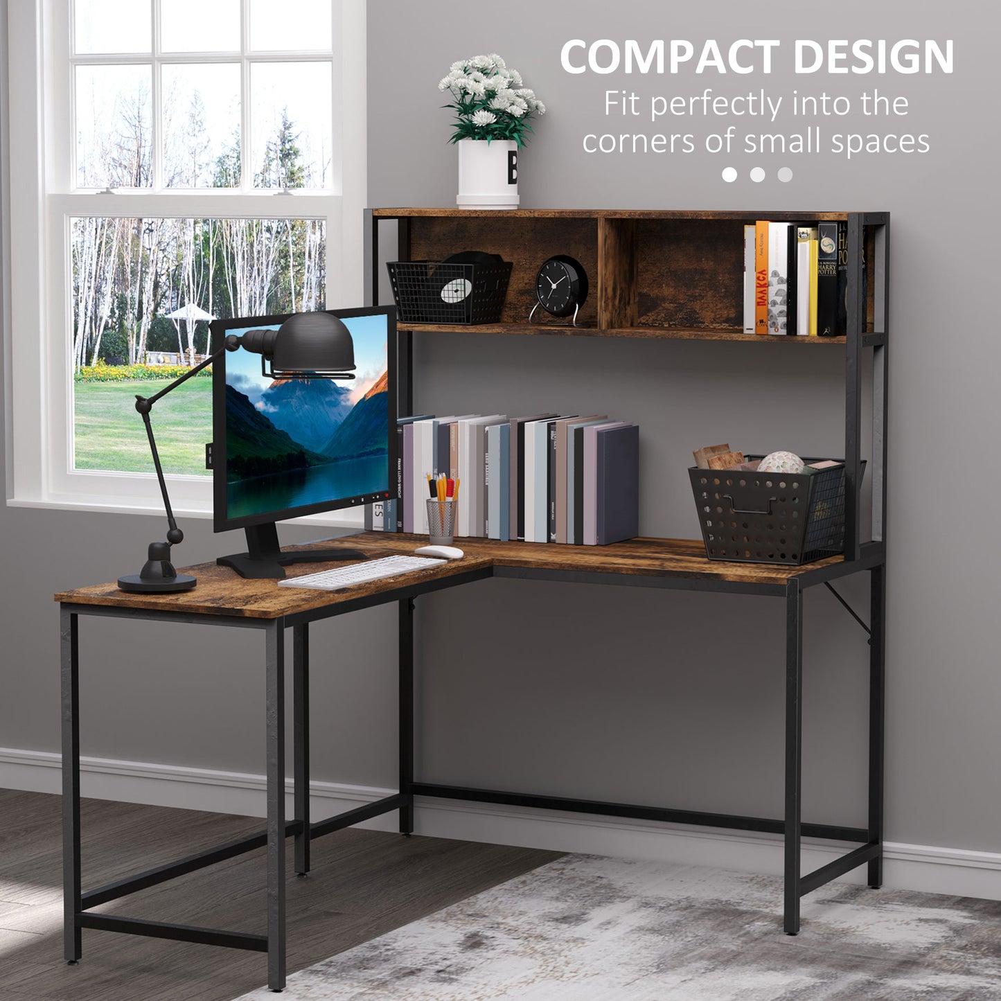 L Shaped Desk With Book Shelf, Industrial Corner Computer Desk, Writing Table With Steel Frame For Home Office, Bedroom, Study Room, 140 X 125cm, Brown