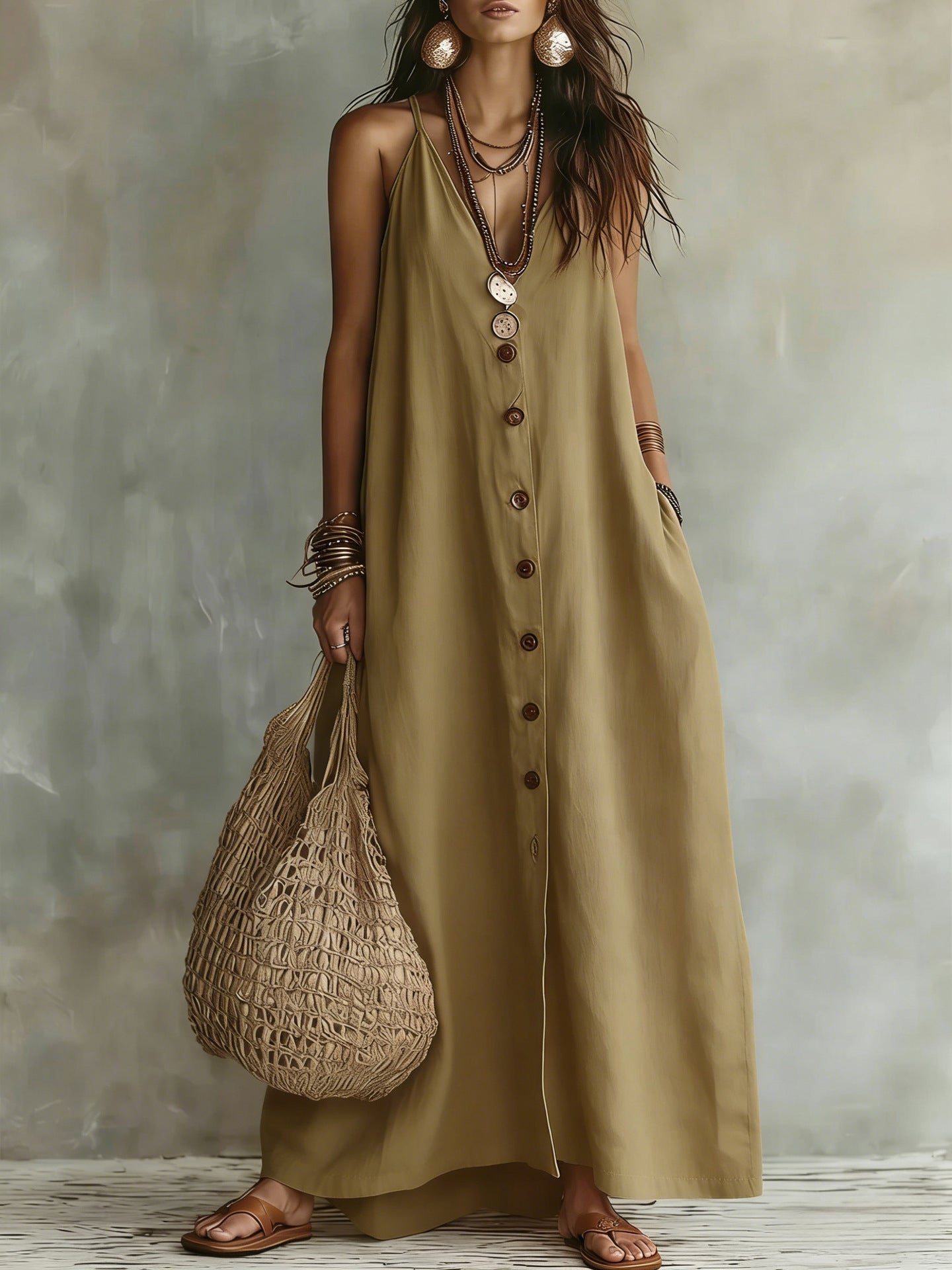 Fashion Casual Women Long Dress Solid Color With Buttons