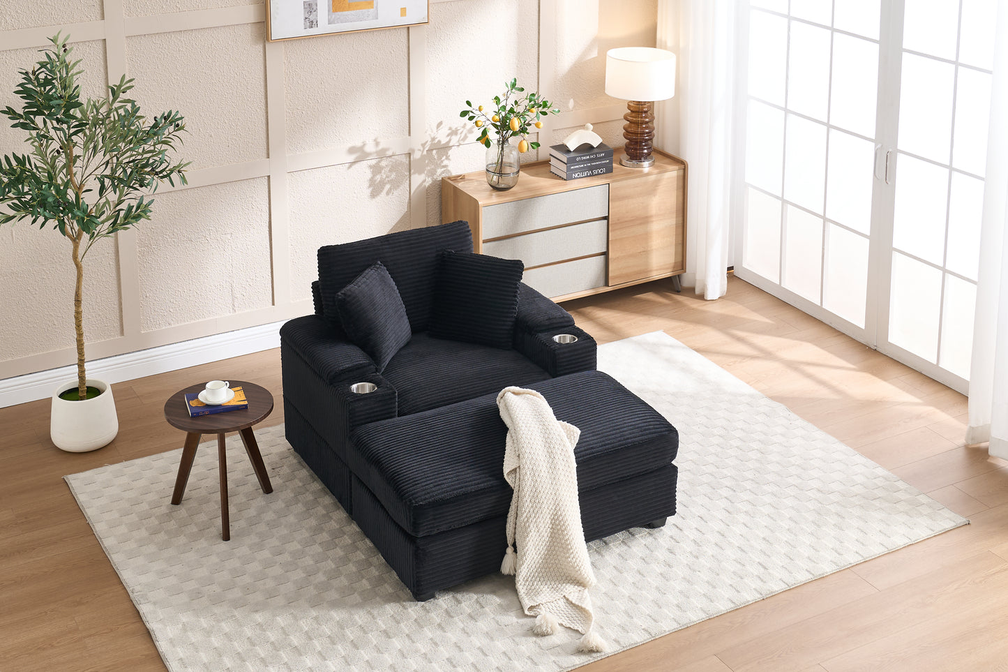 VIDEO New Corduroy Upholstered Chaise Lounge Sofa With Handrail Storage,Movable Ottoman,Cupholders,Detachable Cushions Deep Seat For Living Room Office,5 Colour,Wide Stripe Corduroy