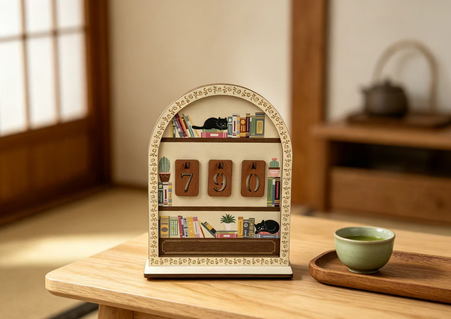 Wooden Black Cat Bookshelf Reading Tracker, Reusable Number Reading Counter, Desk Decor Book Log Perpetual Calendar