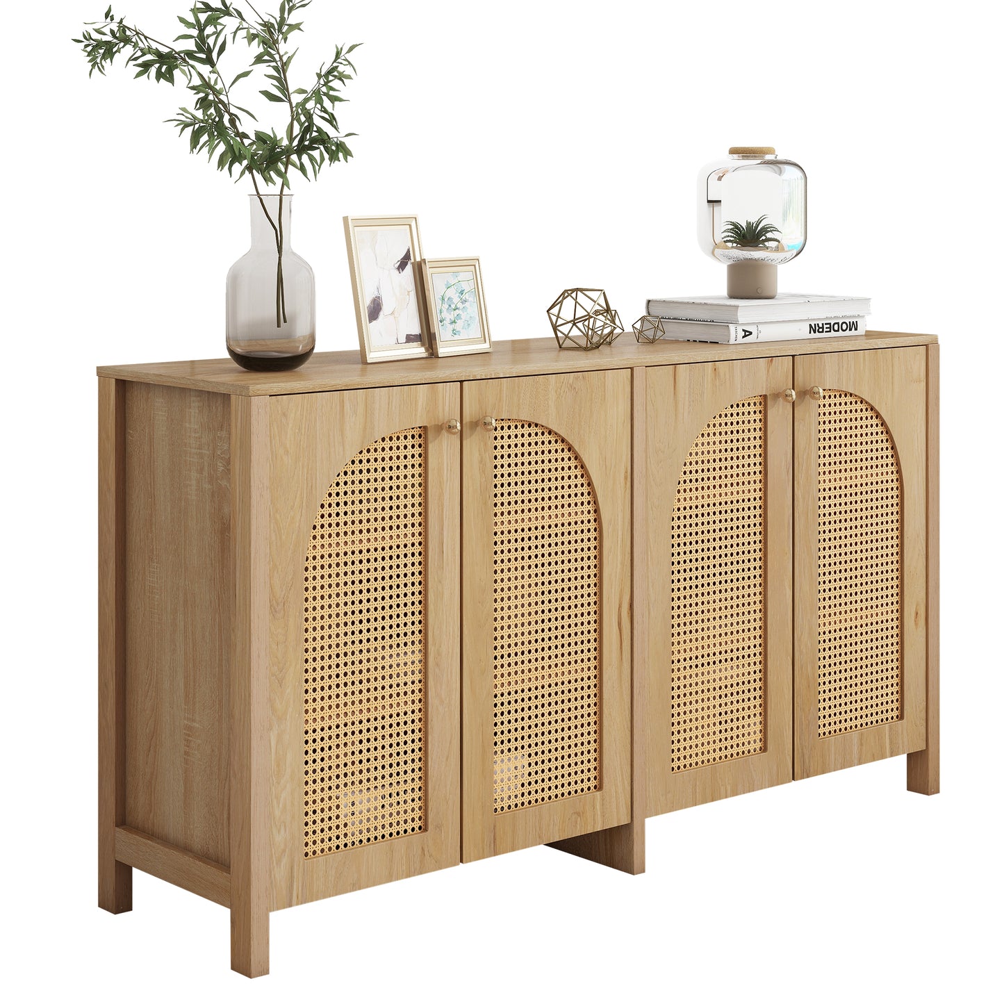 Modern Minimalist Style Sideboard 4 Rattan Door, Metal Handle Simple Buffet Cabinet For Dining Room, Living Room, Kitchen  Natural Wood