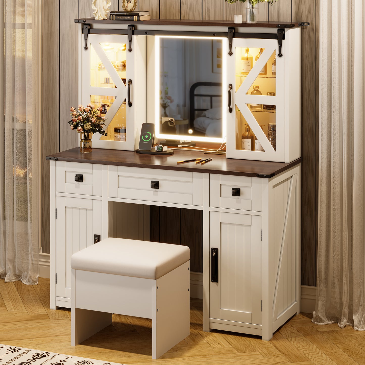 43.3 Farmhouse Makeup Vanity Desk With Lighted Mirror, Vanity Table Set With Storage Stool And Charging Station, Dressing Table With Sliding Barn Door Hidden Shelves & 3 Drawers & 4 Cabinets, Beige