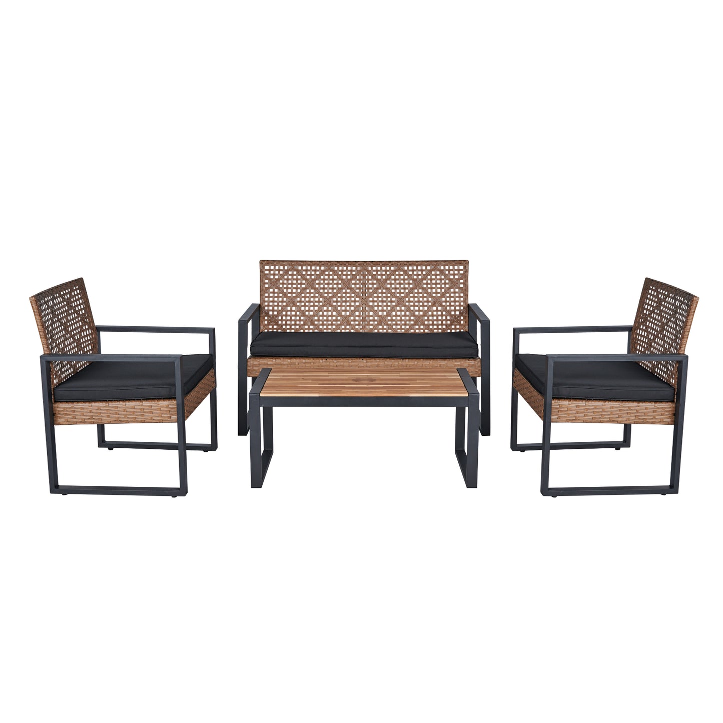 4-Piece Patio Furniture Set Outdoor Balcony Porch Garden Backyard Lawn Furniture Acacia Wood Table Top, Morden Black And Light Brown