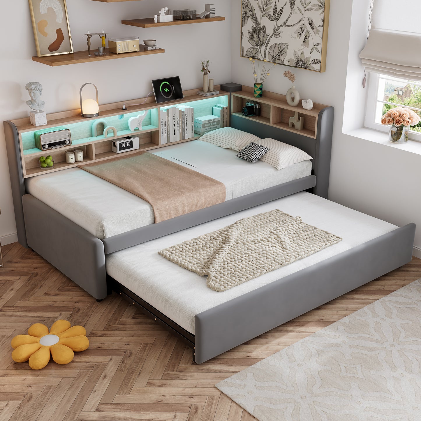 Upholstered Bed, Daybed With Pull Out Trundle, 3FT Single Bed 90x190cm, Daybed Sofa Bed, With Charging Port, LED Strip, With Storage Space, Easy Assembly, Velvet, Grey   No Mattress