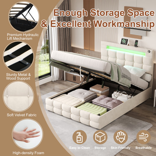 4ft6 Double Upholstered Bed Frame With Hydraulic Storage, Velvet Ottoman Bed With LED Lighting And Charging Station, Double Bed With Adjustable Button Tufted Headboard, Beige