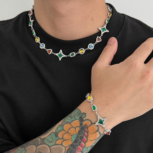 Mens New Colorful Gemstone Cross And Star Set Accessories Necklace