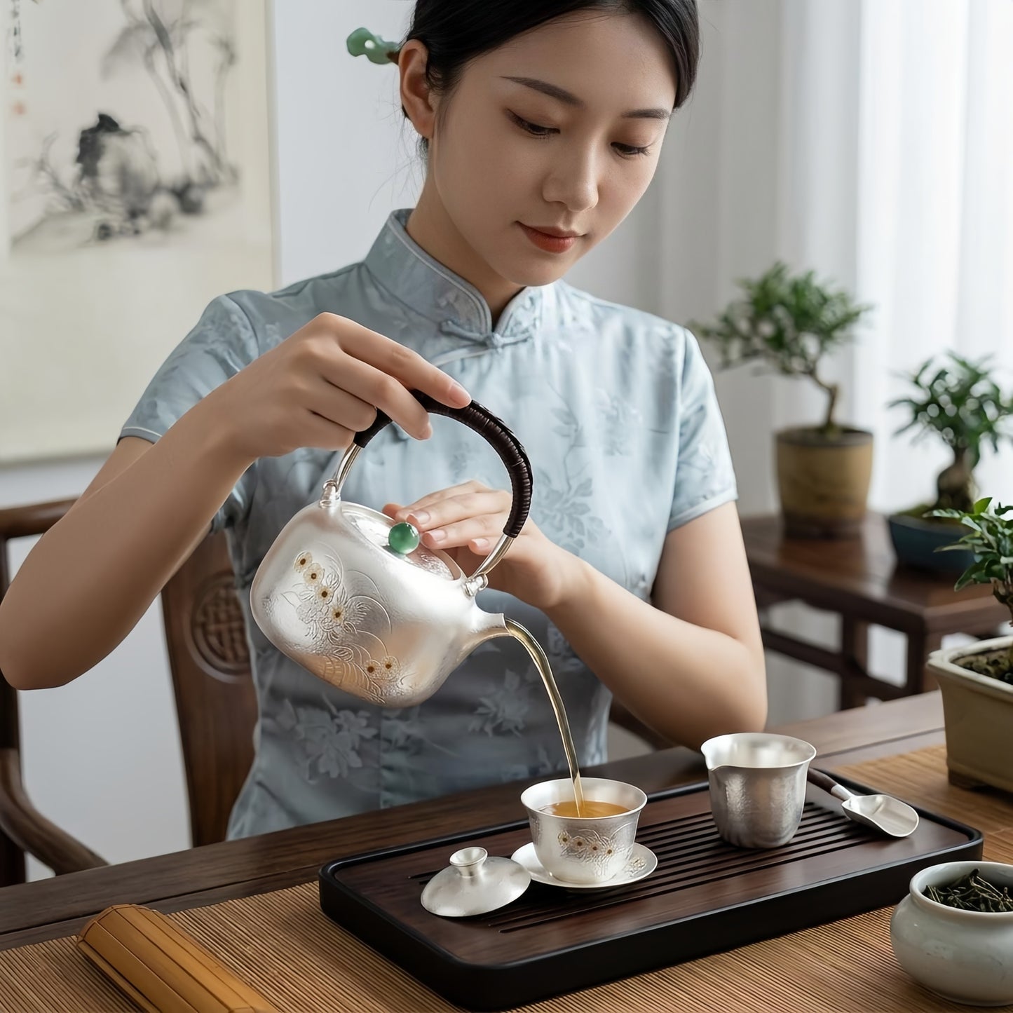 925 Sterling Silver Handcrafted Silver Tea Kettle Featuring Delicate Flower Motifs and Woven Handle - Handicraft