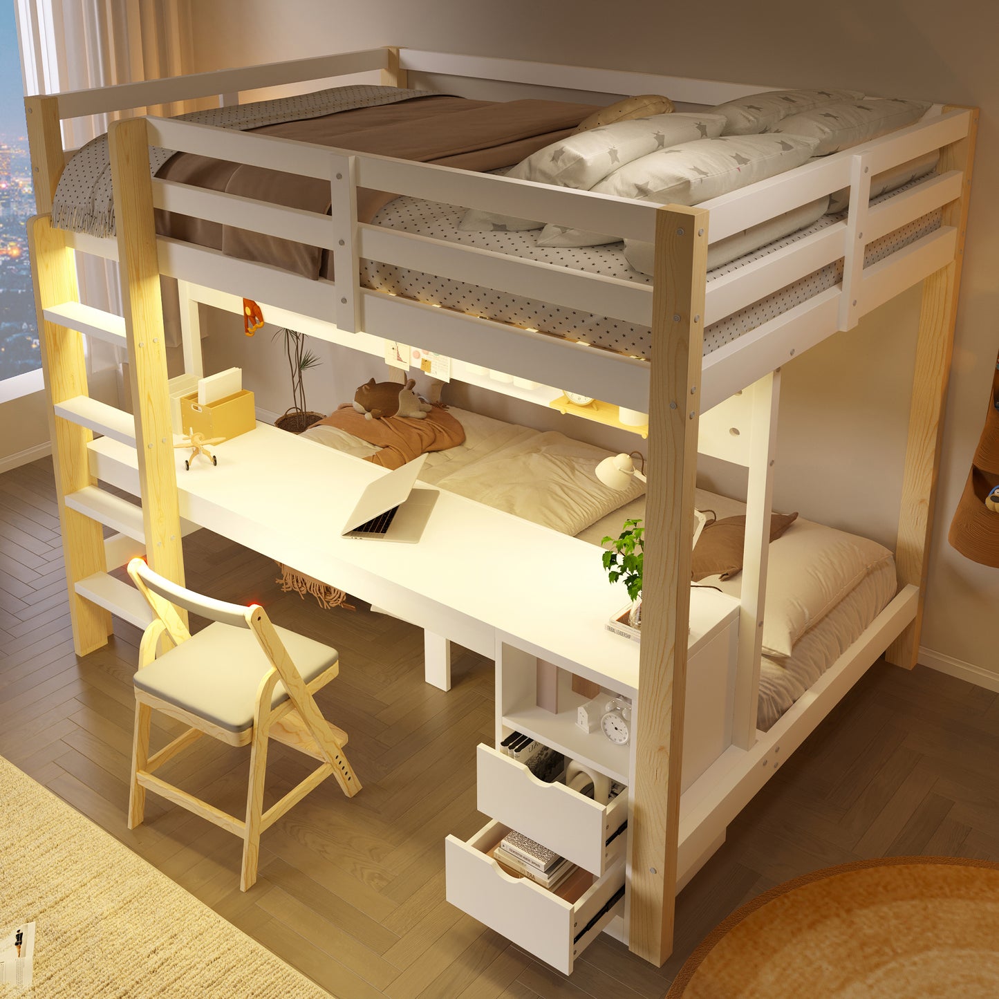 Loft Bed, 90x200 Cm And 140x200 Cm, Pinewood, With Drawers And Desk, Equipped With Perforated Plate Hanging Device, Including LED Light Strip, Without Mattress