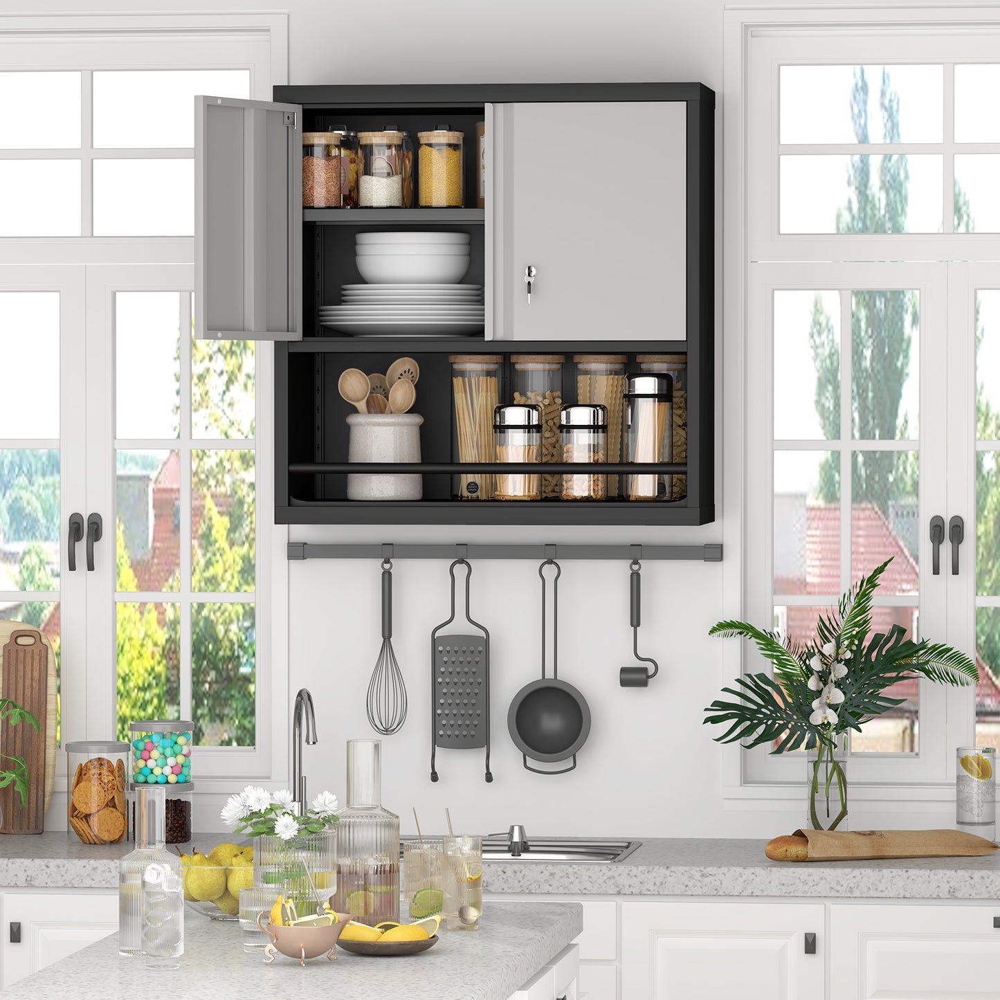 Tall Metal Storage Cabinet With 2 Doors & Adjustable Shelves, Steel Kitchen Pantry Cabinet Locker Organizer For Kitchen, Living Room, Dining Room, Home Office