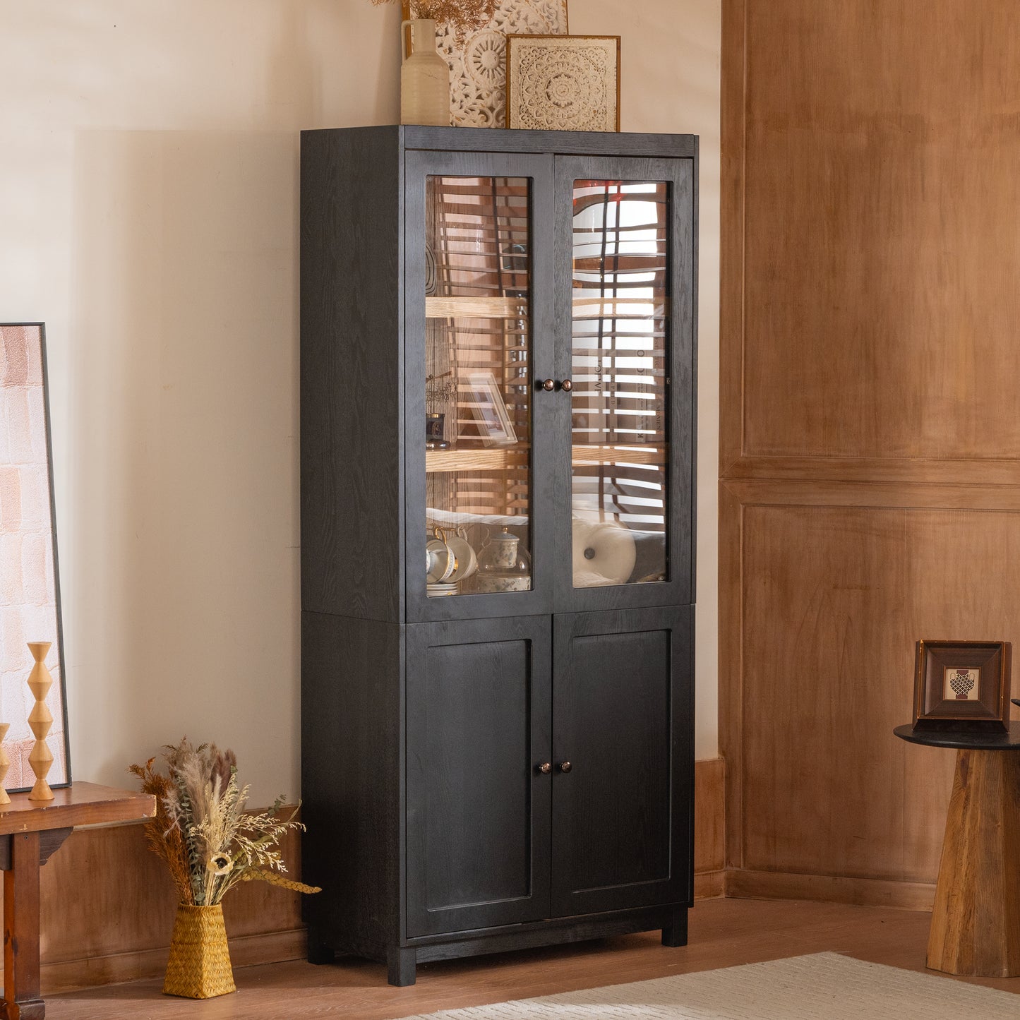 74.5 H Ash Wood Grain Display Cabinet, Bookcase With Glass Doors & Adjustable Shelves, Mid-Century Modern Bookshelf, Curio Cabinet For Hallways, Livingroom Kitchen & Office - Black