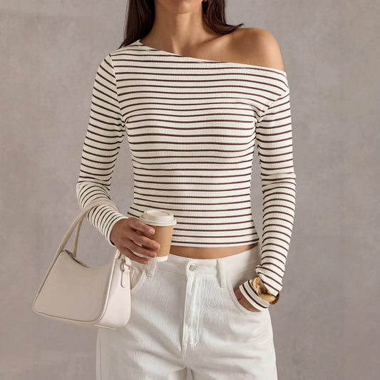 Womens Fashion Casual Striped Off-shoulder Top