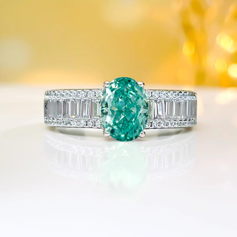 Fashion Light Luxury Oval Ice Flower Cut Paraiba Tourmaline Ring For Women, Inlaid High Carbon Diamond, Simple Elegant Daily Versatile Finger Jewelry