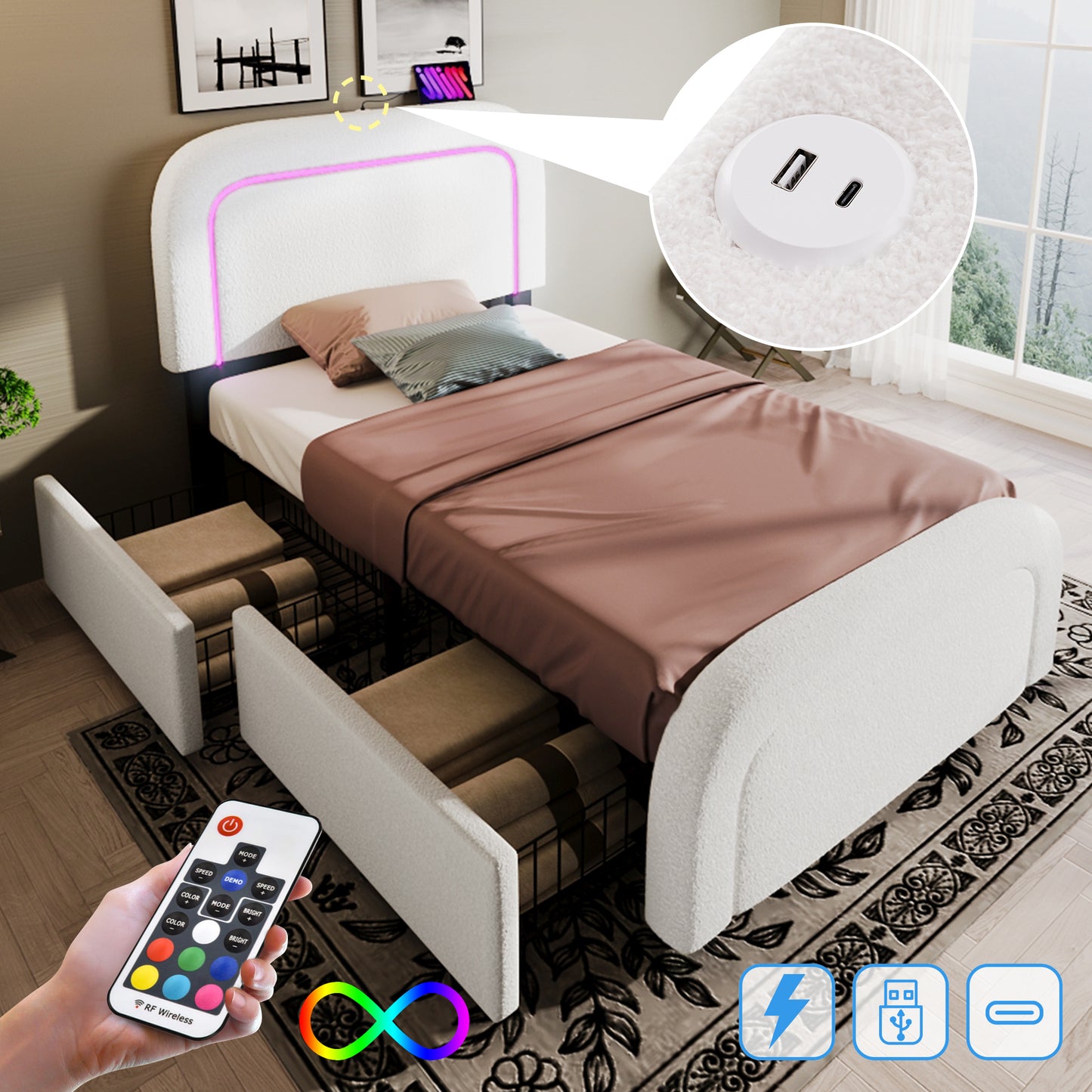 Bed Frame With USB Type-C Charging Function, LED Lighting And 2 Drawers, Single Bed, Upholstered Bed 90x200cm, Height-adjustable Headboard, Wooden Slatted Base, Sherp-White Without Mattress