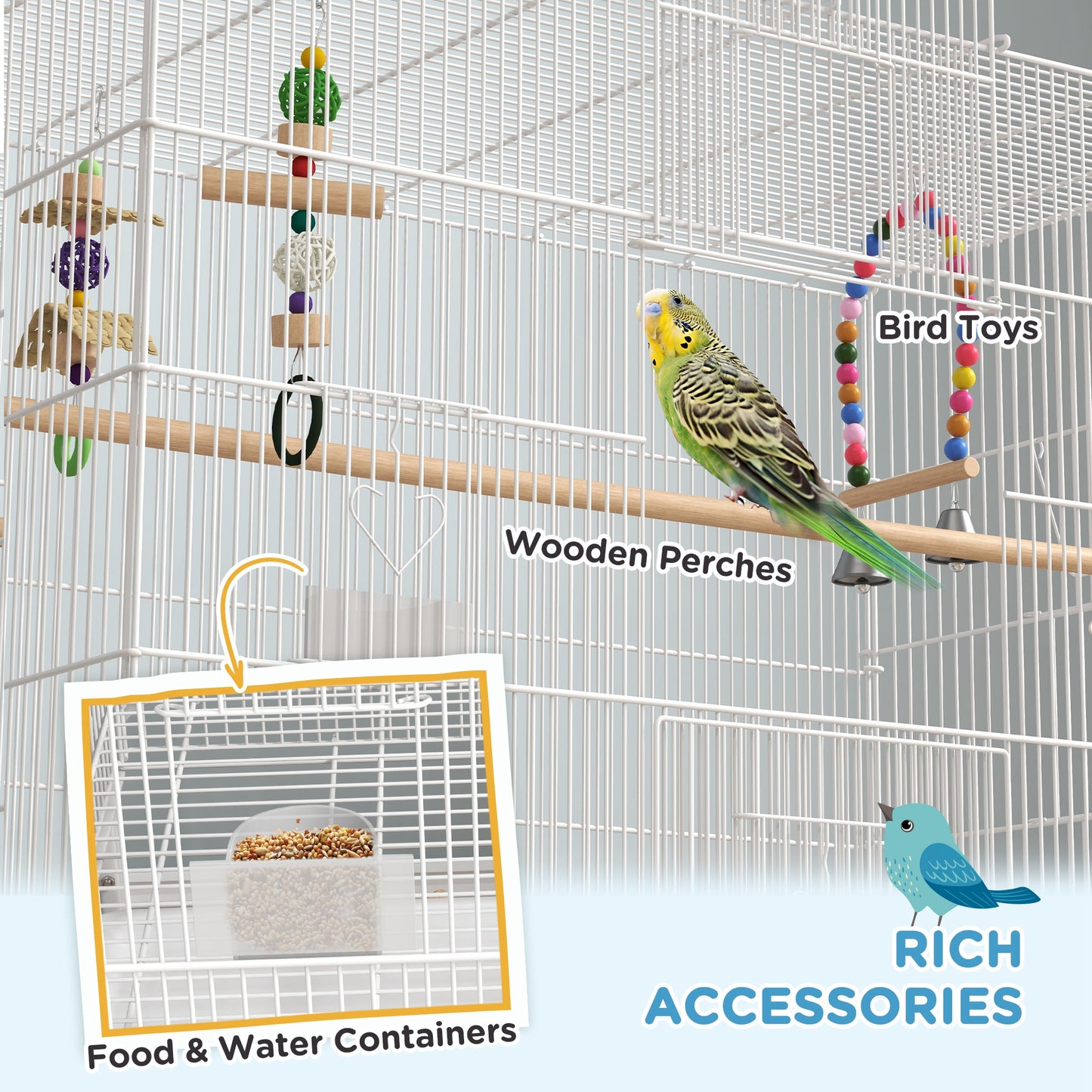 PawHut Bird Cage W/ Stand, Toys, Accessories, For Canaries, Finches, White