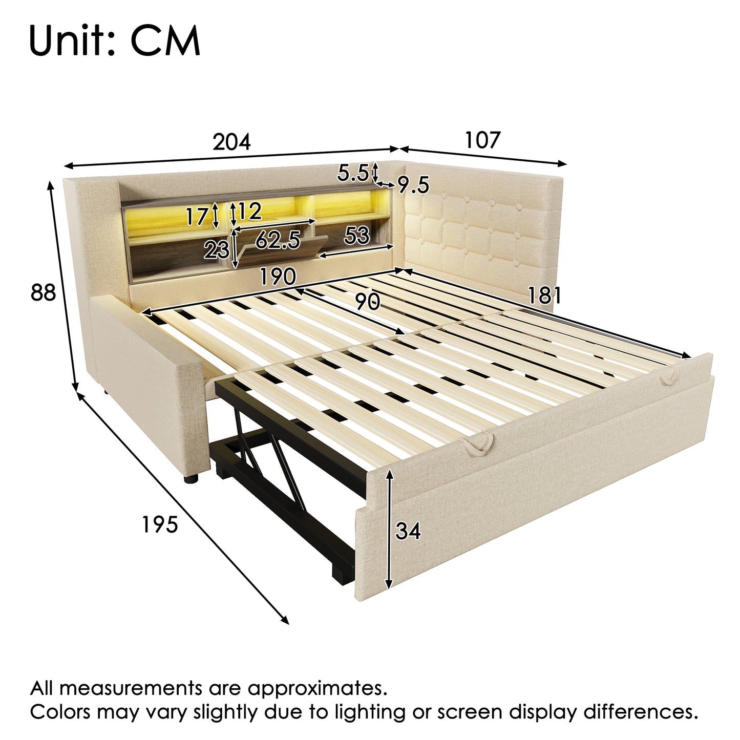 Daybed Upholstered Bed 90 X 190 Cm, 3FT Single Sofa Bed With Storage, USB &Type C Charging Station, Pull Out Trundle For Living Room And Bedroom, Linen, Beige  No Mattress