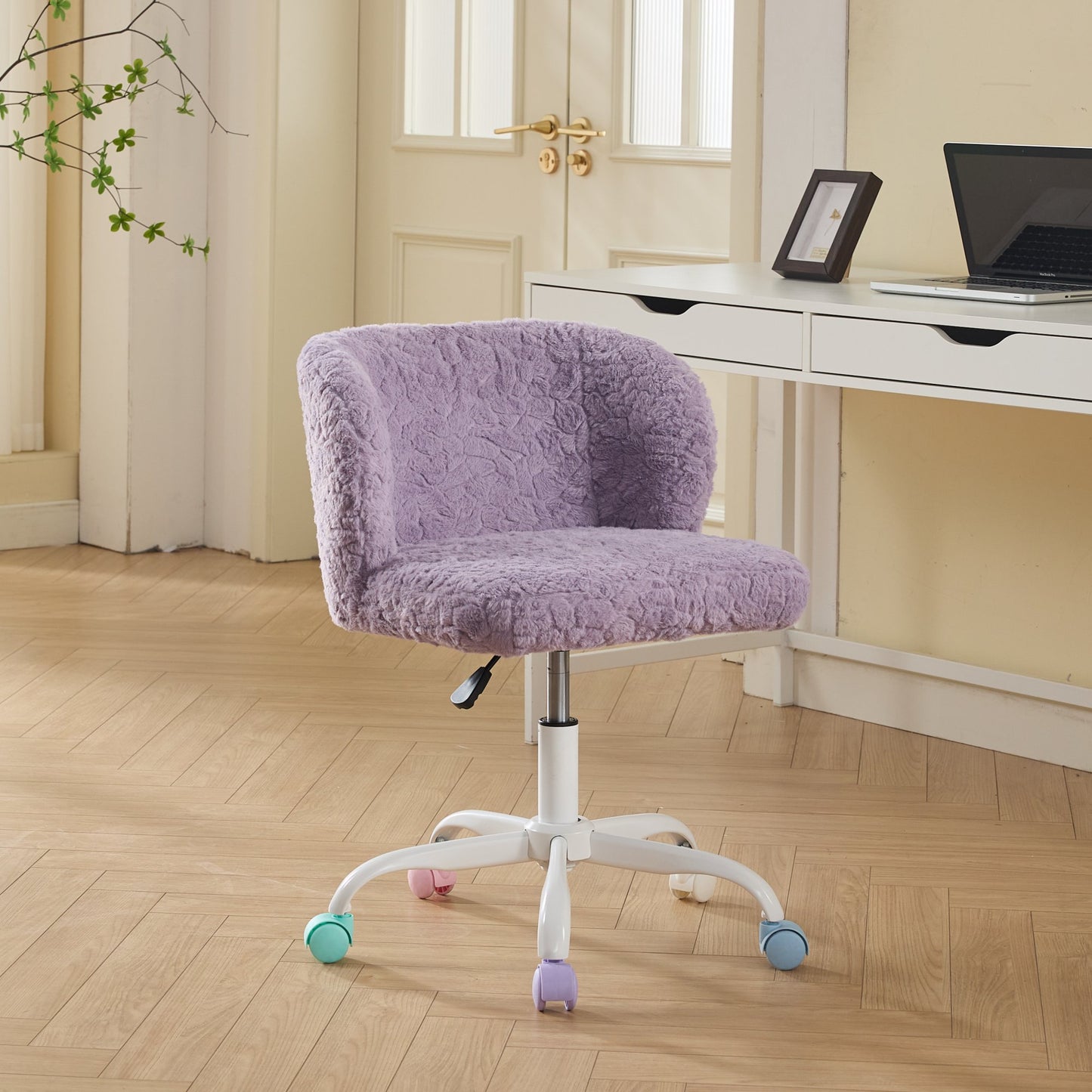 Girls Faux Rabbit Fur Desk Chair, Cute Fluffy Adjustable Swivel Vanity Chair With Silent Colorful Wheels, Soft Upholstered Office Chair For Bedroom, Study Room And Dorm, Purple, Violet Color