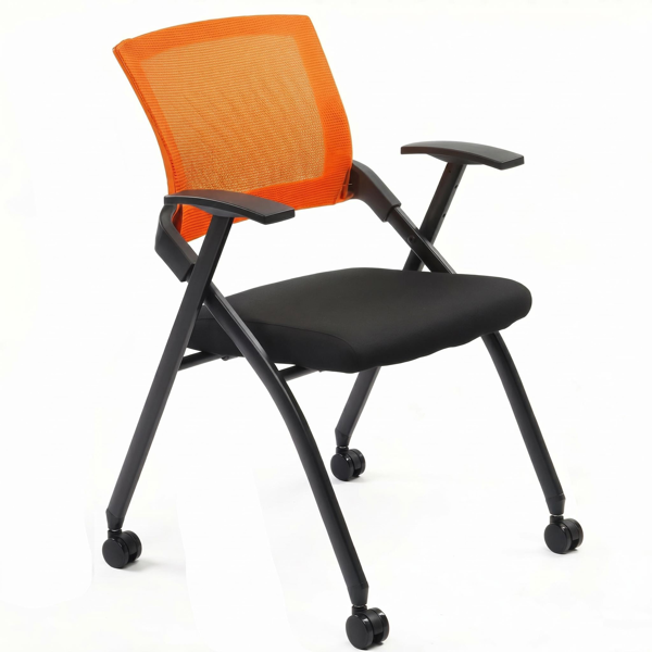 1 Pack Stackable Conference Room Chairs With Wheels,Folding Office Chair With Rebound Back,Padded Seat For Training Room,Guest,Reception,Event,Capacity 350lbs,Orange