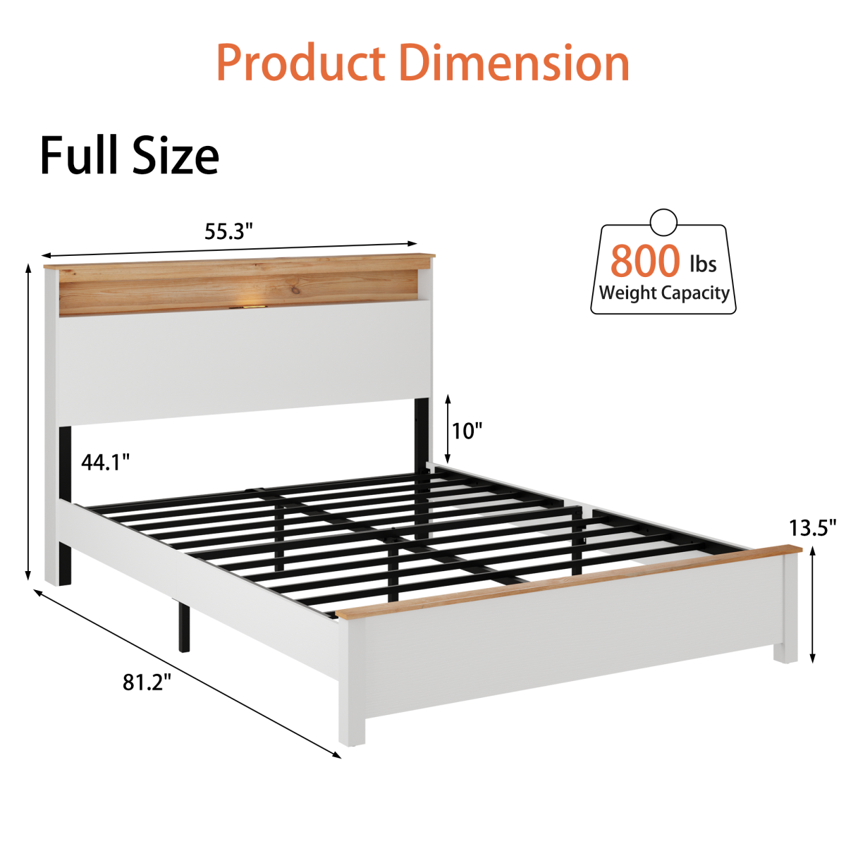 Full Farmhouse Wood Bed Frame With Storage Headboard & Charging Station, White