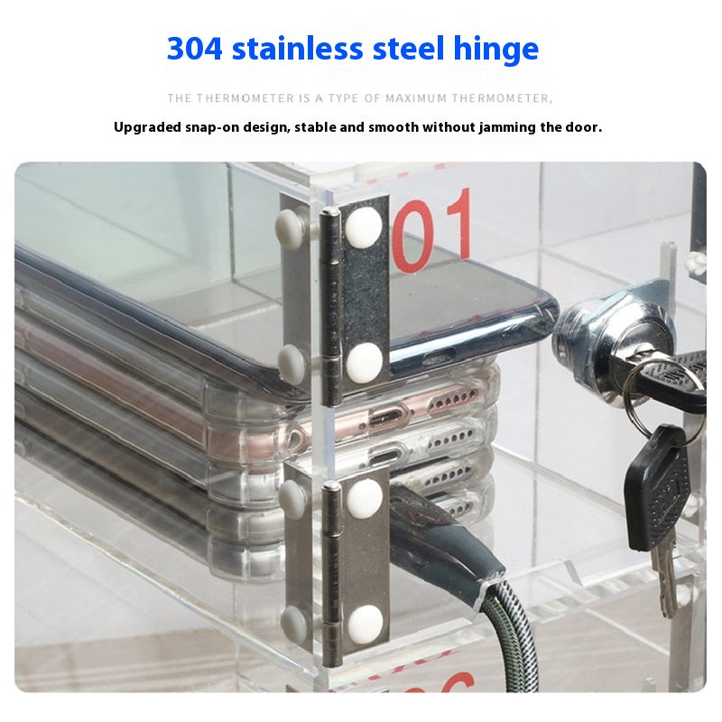 Acrylic Mobile Phone Storing Compartment With Charging Hole Transparent Storage Cabinet