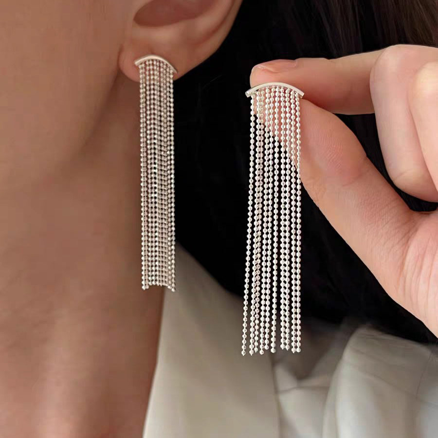 1 Pair 999 Sterling Silver Curved Beaded Long Tassel Earrings, Minimalist & Elegant, Perfect For Daily, Party & Dating, Ideal Valentine's Gift