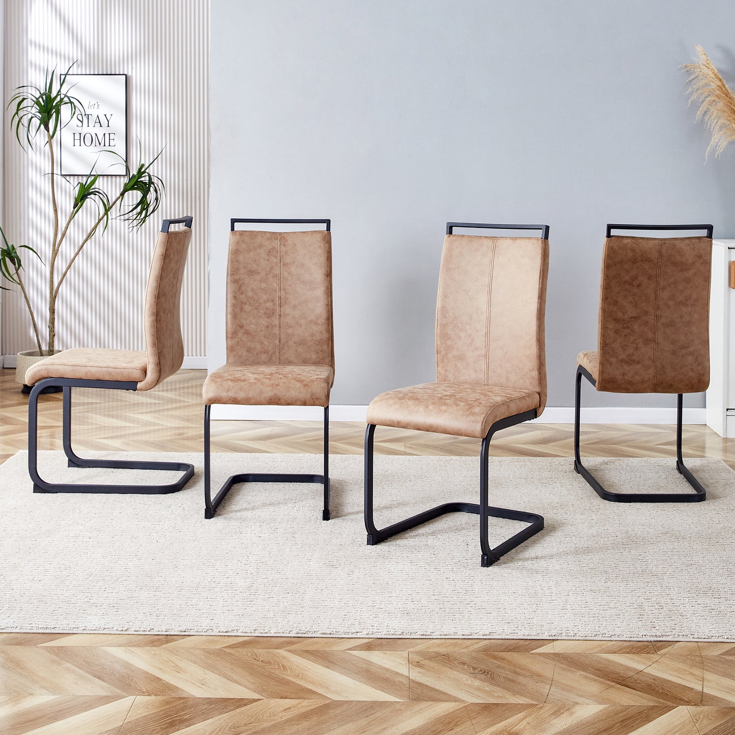Modern Dining Chairs, Technology Cloth High Back Upholstered Side Chair With C-shaped Tube Black Metal Legs For Dining Room Kitchen Vanity  Club Guest Office Chair  Set Of 4 Brown 1162