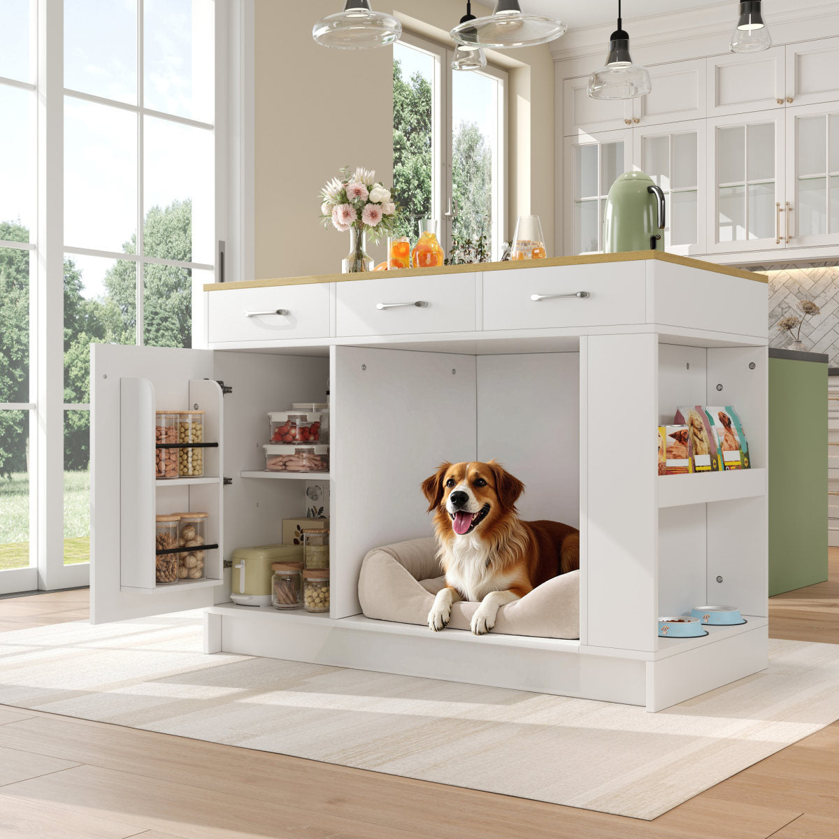 Kitchen Island, Cabinet With 3 Drawers, 1 Spice Rack, Adjustable Shelf Top, Double Shelf  Without Dog Food Plate , Spacious Pet Storage Area  Without Dog Cushion , 120X60X90 Cm, White
