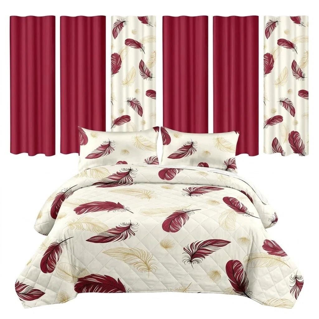 9 Piece Room In A Bag Quilt And Curtain Set, US Designer Burgundy Gold Boho Feather Print Heavyweight Bedspread With 6 Customizable Window Panels, Pet-Friendly High GSM Coverlet