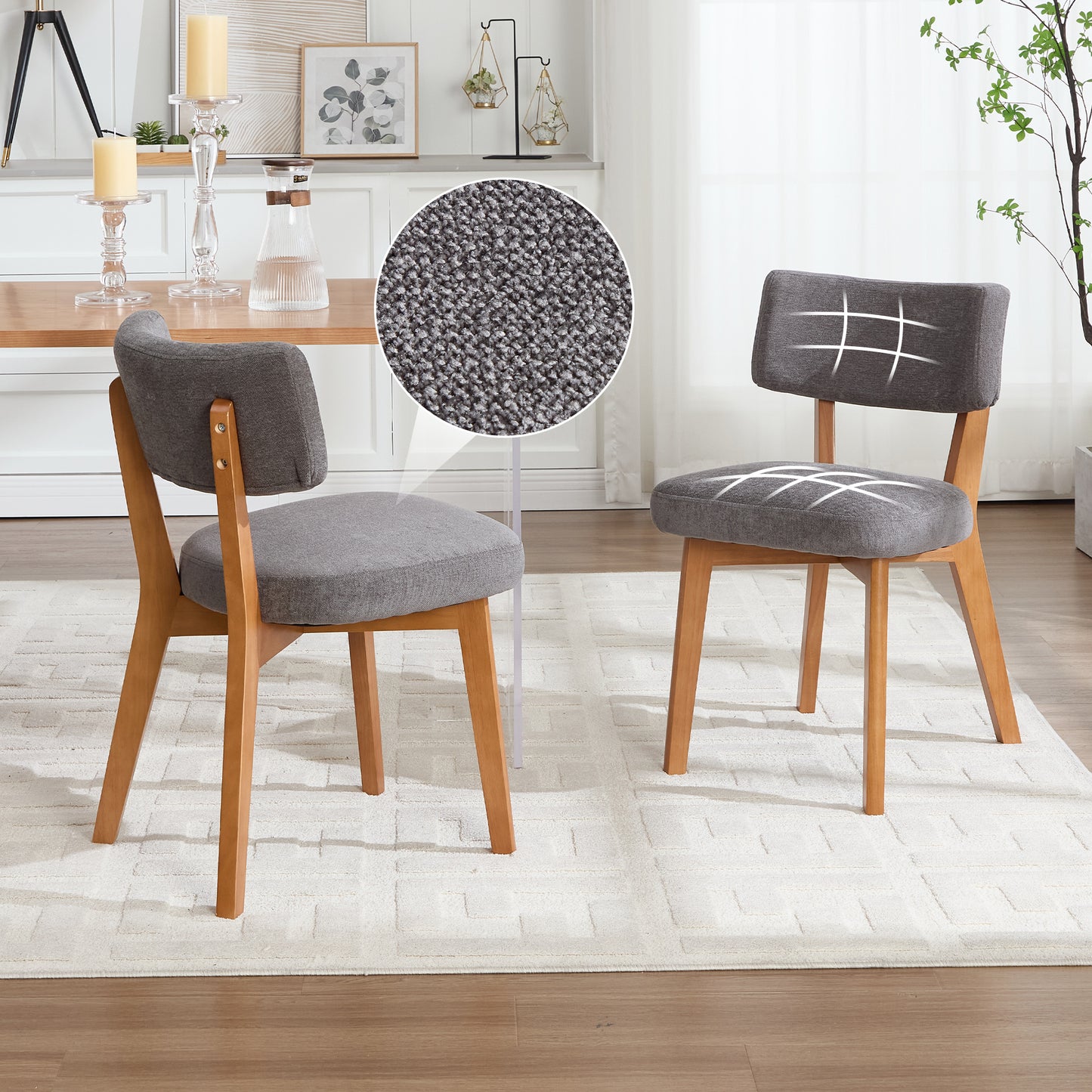 Modern Mid-Century Style Dining Chair Set Of 2, Solid Wood Legs Fabric Upholstered Seat For Kitchen, Dining Room Or Office Gray Linen Fabric