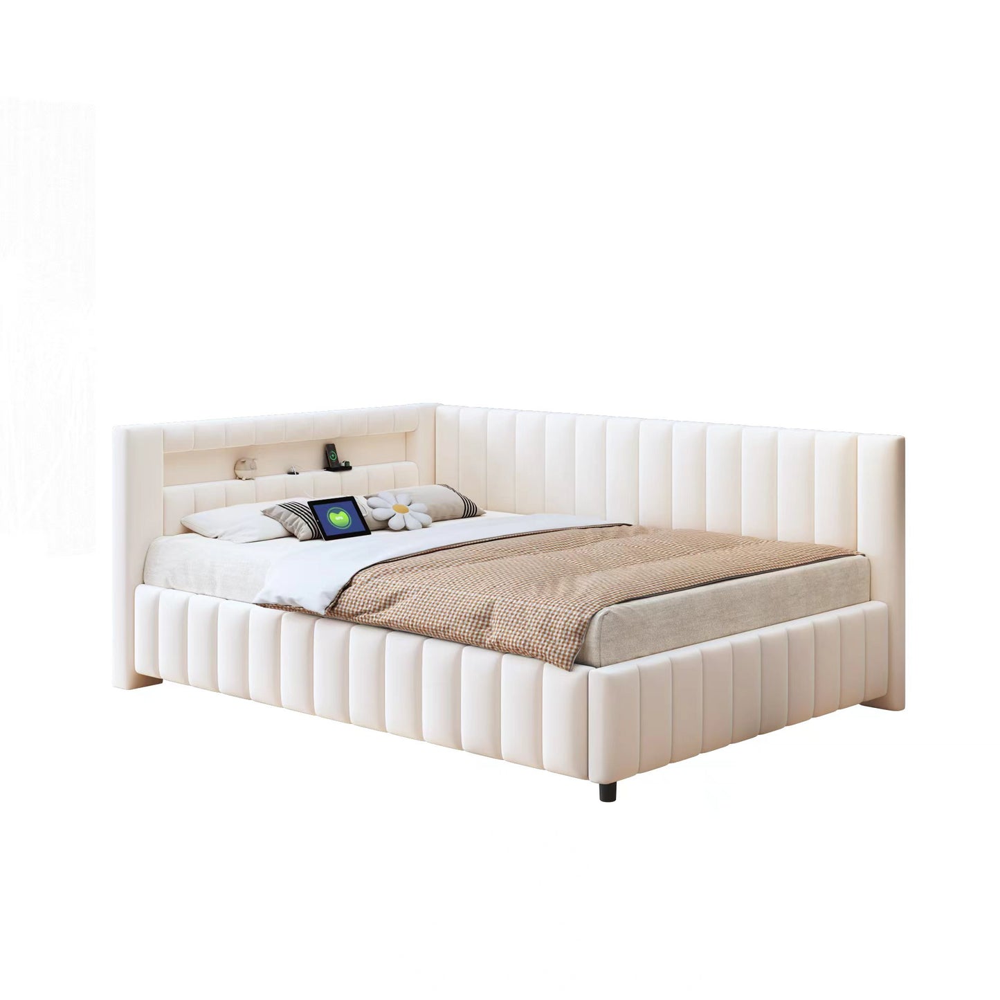 Upholstered Bed Sofa Bed 140x200, Upholstered In Velvet Fabric With LED Light And USB Charging Port, With Backrest, Headboard And Sturdy Bed Frame Beige