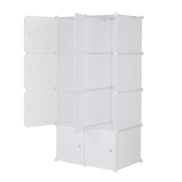 Deepened 4-layer 8-compartment Cube-shaped Wardrobe With 1 Hanging Rod, Plastic And Steel Wire, 72x47x142cm, Natural White Door, Natural White Cabinet Body, N001, Freely Assembled, DIY Style.