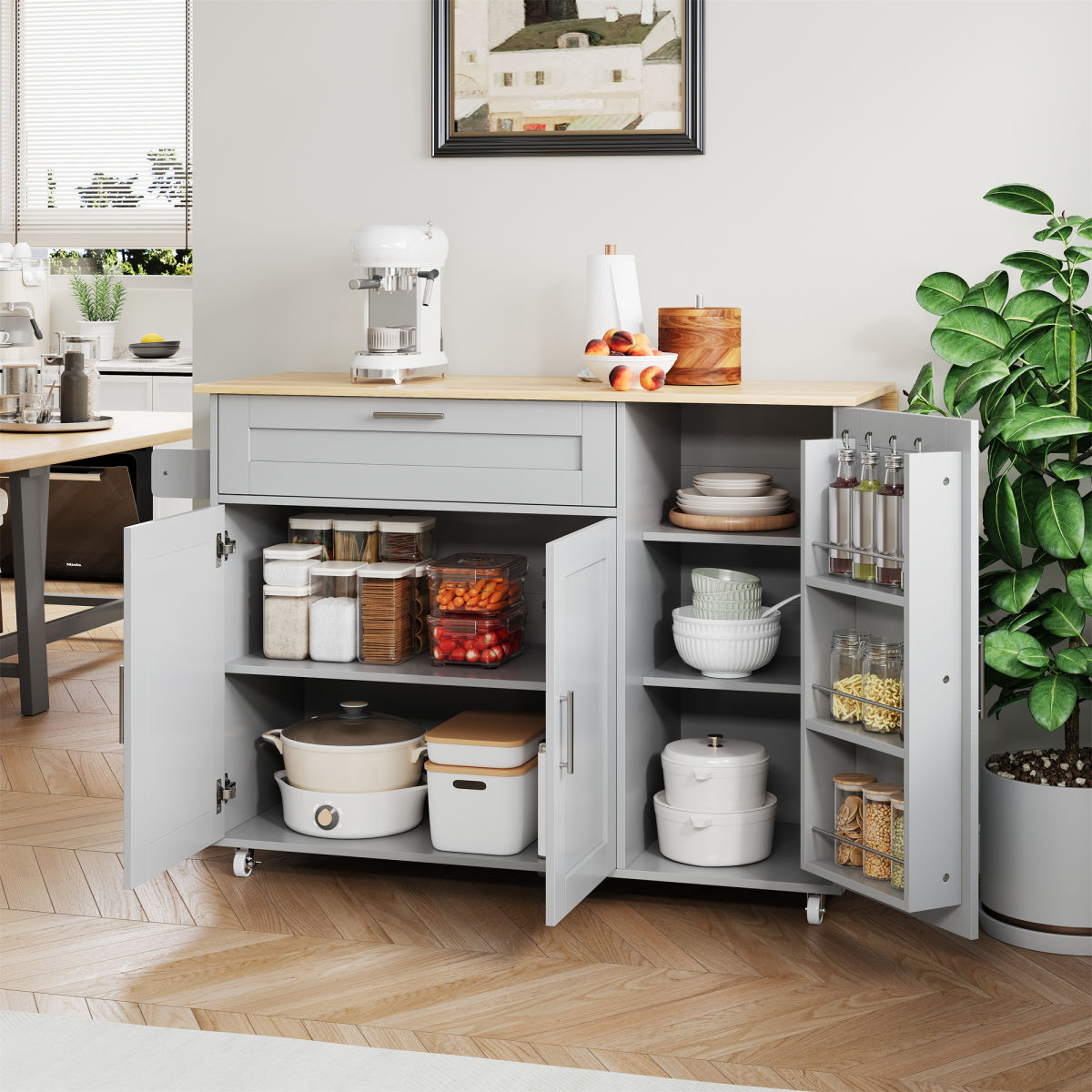 L132.5XW44XH90cm Large Mobile Kitchen Table, Foldable Countertop, Oak Grain, Multifunctional Cabinet, Spice Rack, Towel Rack, 5 Wheels, Suitable For Kitchen Dining Home