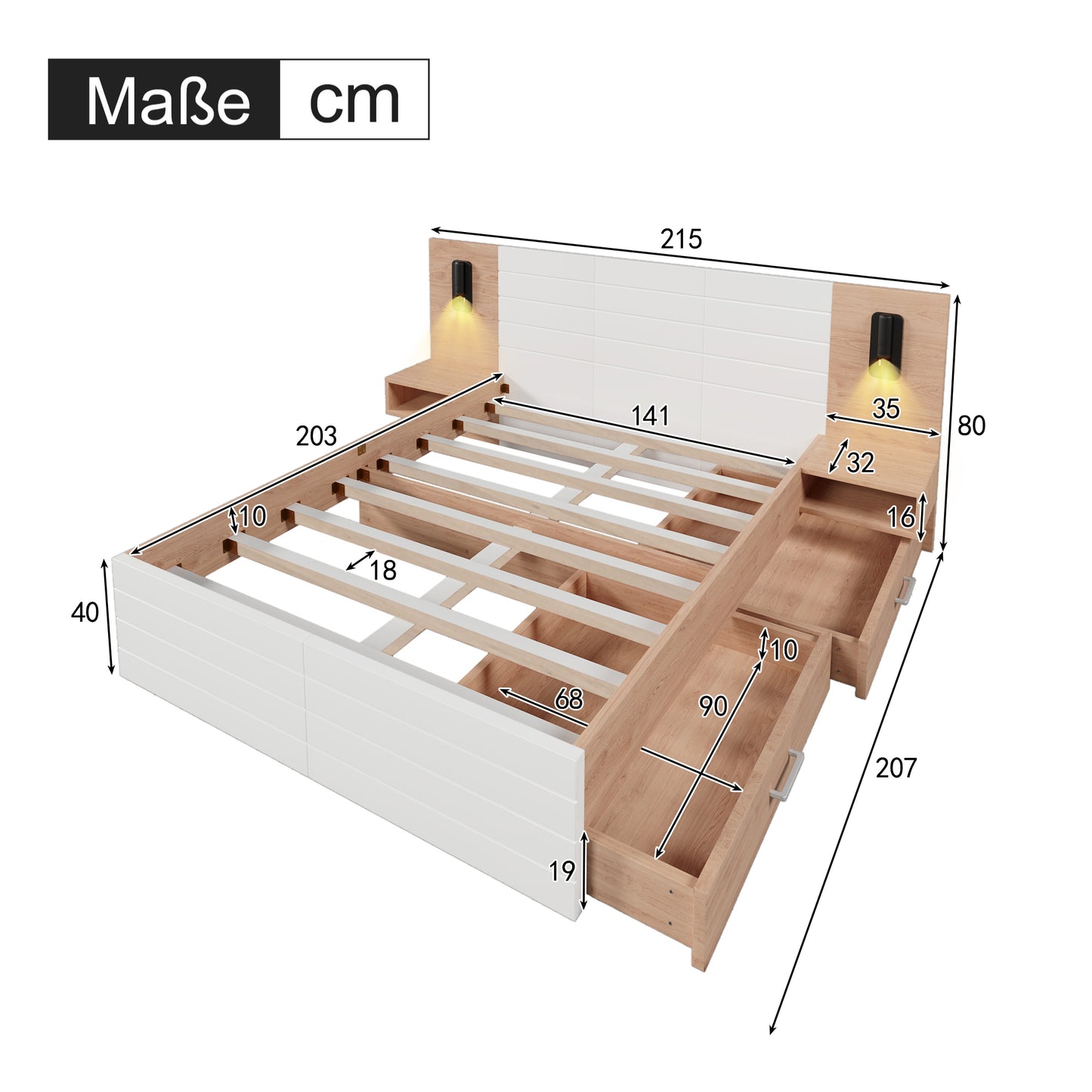 Double Bed Wooden Bed Bed140x200cm With 2 Drawers, Headboard Reading Light With USB Charging Function, Modern Bed Incl. 2 Bedside Dressers, Bed Frame & Slatted Frame215x80x207cm Set In Oak White Witho