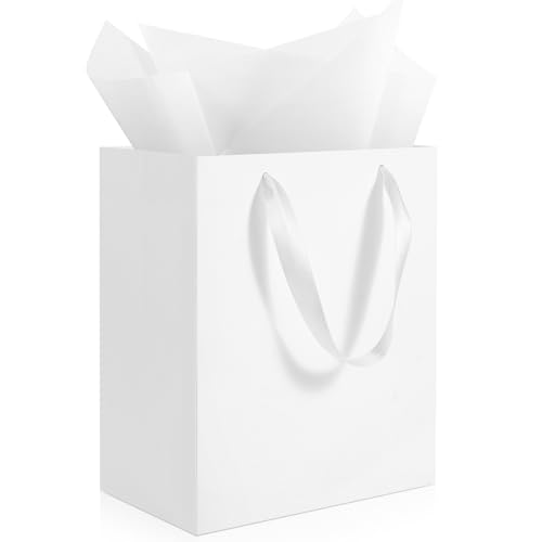 Ethhqu 4 Pack Medium White Gift Bags with Handles, 8x5x10 Inches - Includes 4 Tissue Papers for Birthday Party, Baby Showe...