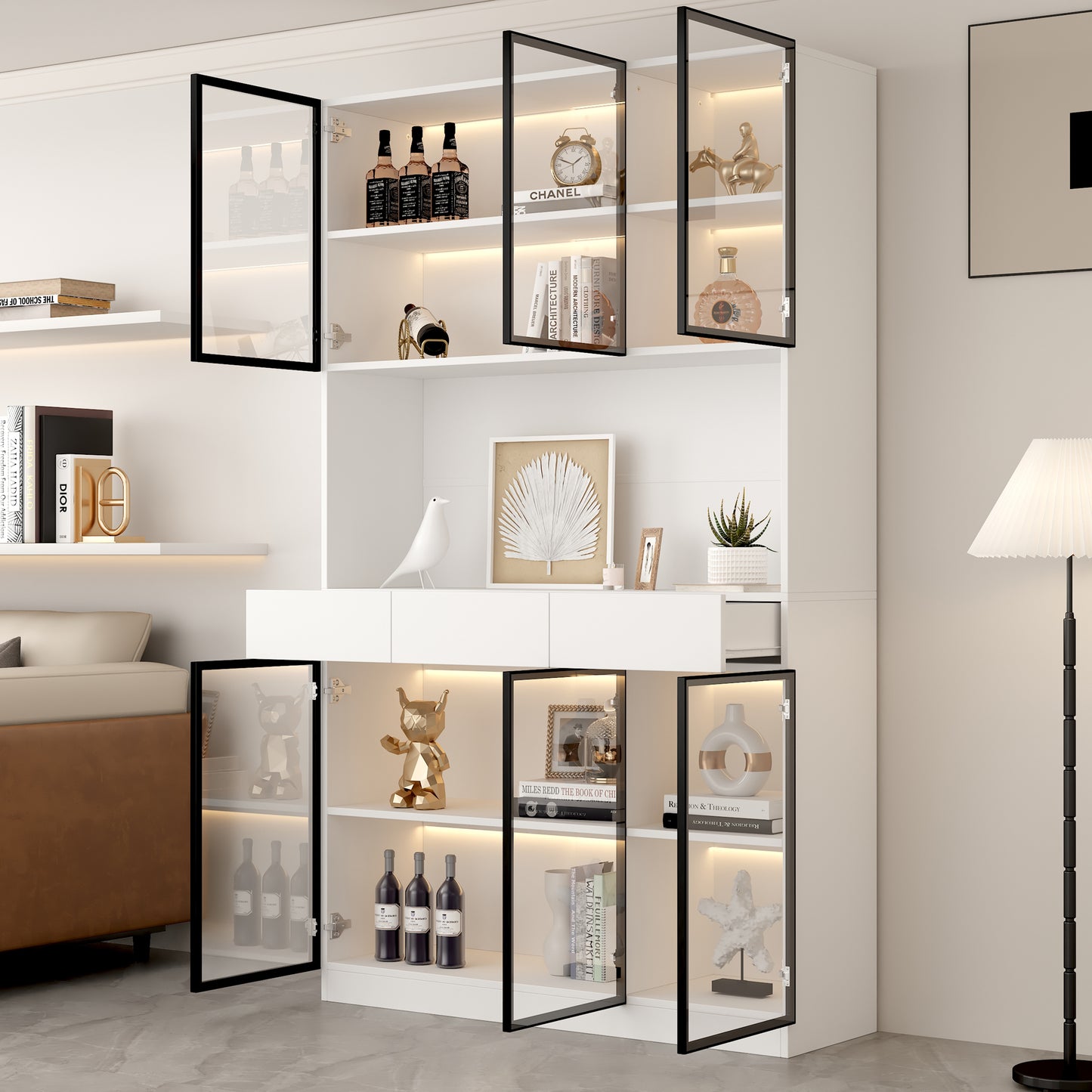Glass Cabinet Door, 200cm High, White Display Cabinet With LED Lights, Multi-storage Bookshelf For Collections, Bedroom, Living Room, Office, White - Black Door Frame