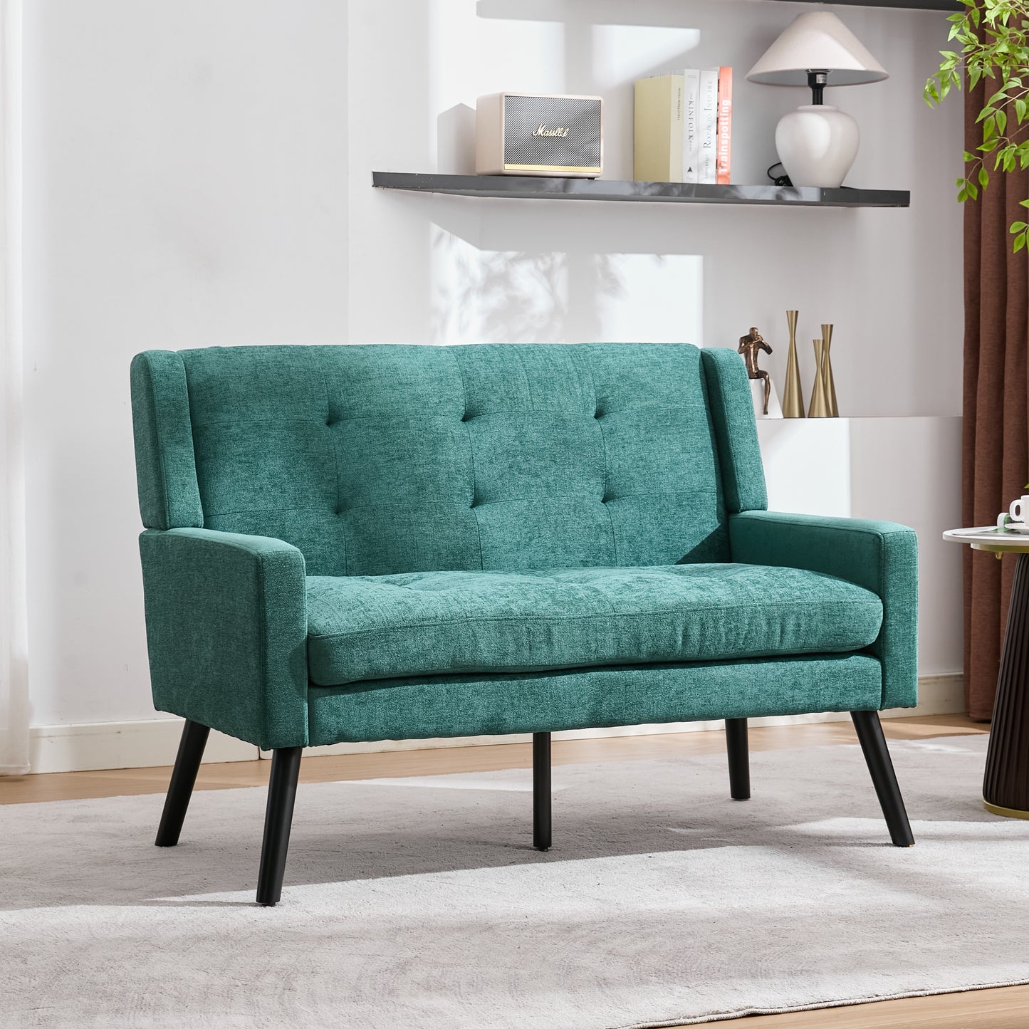 Premium Linen Bench  2 Seater With Non-Slip Solid Wood Legs And High-Density Foam Cushions  Button Upholstered Accent Chair For Living Room, Bedroom And Office