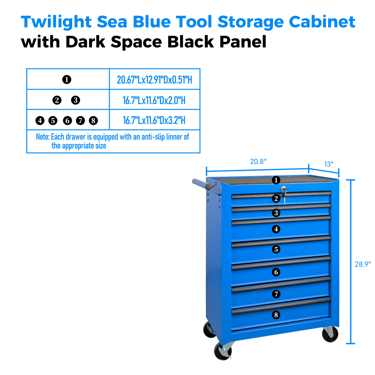 7-Drawer Rolling Tool Storage Cabinet With Detachable Top Tool Box, Universal Lockable Wheels, Adjustable Shelf, Locking Mechanism, Metal Tool Cart For Garage Workshop,Twilight Sea Blue